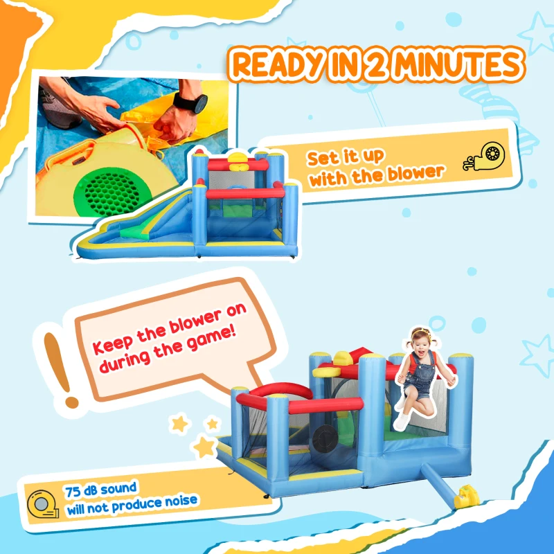 Qaba Inflatable Water Slide Bounce House w/ 550W Blower, Large Trampoline, Splash Pool, Basketball Hoop, Dart Board