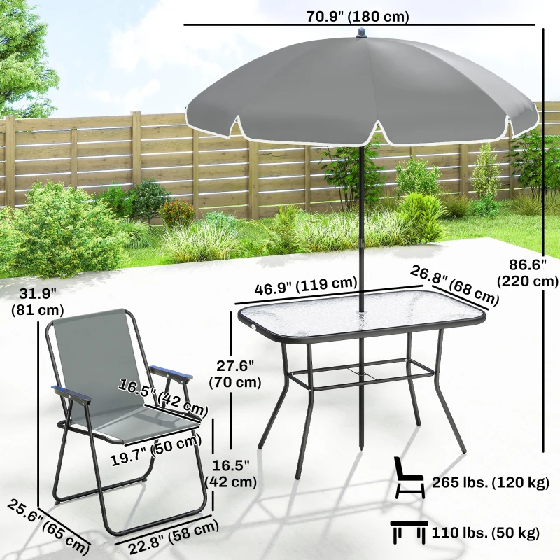 Outsunny 8 Piece Patio Table and Chairs Set with Folding Chairs, Tempered Glass Tabletop and Umbrella for Garden, Grey