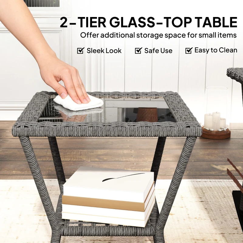 Outsunny Rocking Bistro Set, 3 Piece Wicker Patio Furniture with High Back Rocking Chairs and 2-Tier Glass Table, Light Grey