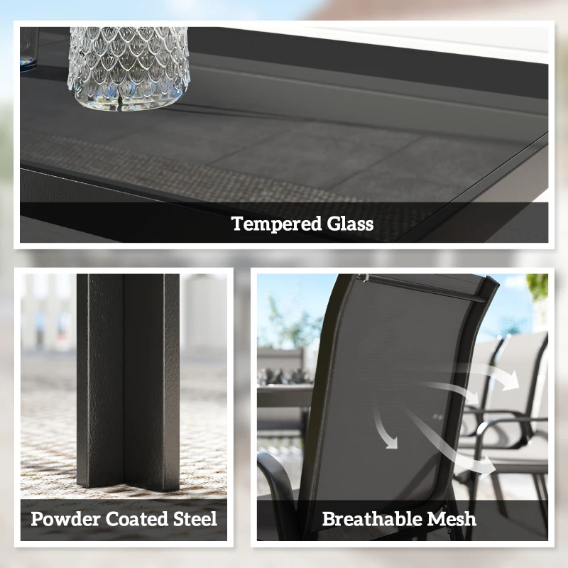 Outsunny 9 Pieces Patio Set with Stackable Chairs, Patio Dining Set with Glass Top for Garden, Patio, Backyard, Black