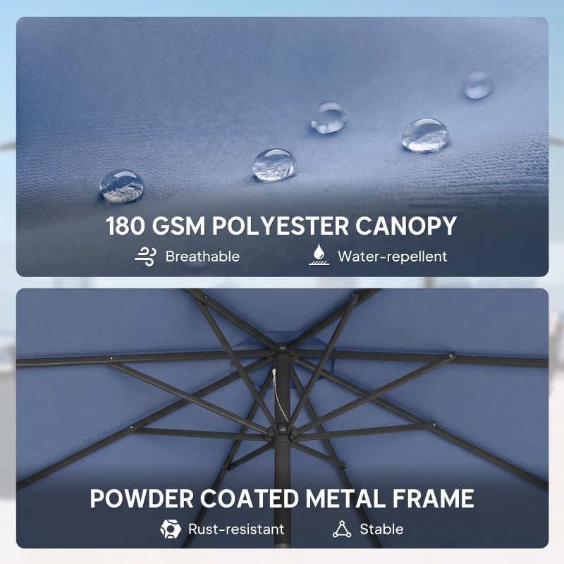 Outsunny 10' x 10' Round Market Umbrella with Base and Sandbag, Patio Umbrella with Crank Handle and Tilt, Blue