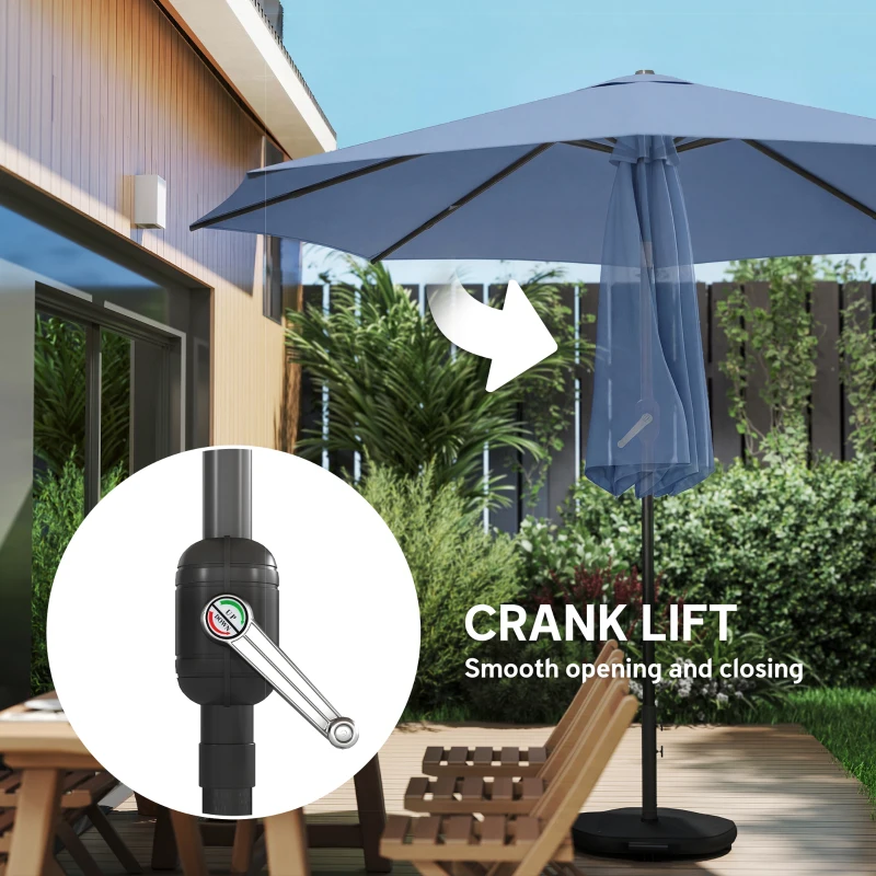 Outsunny 10' x 10' Round Market Umbrella with Base and Sandbag, Patio Umbrella with Crank Handle and Tilt, Blue