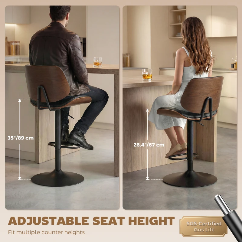 HOMCOM Bar Stools Set of 2, Swivel Counter Height Barstools with Back, Adjustable Height, Black