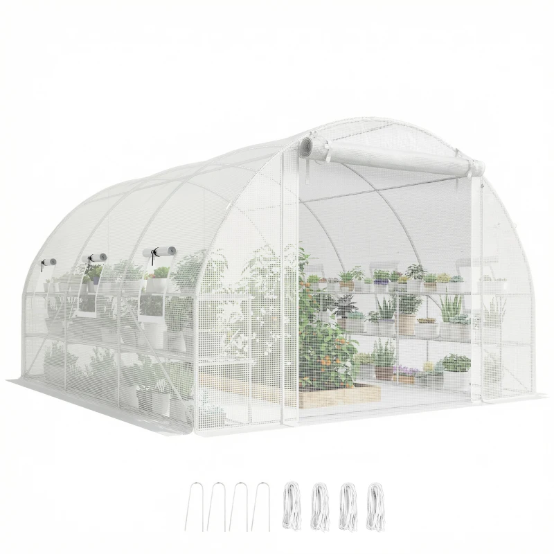 Outsunny 10'x11'x6' Walk-in Tunnel Greenhouse with Shelves, Mesh Door and Windows, Hoop House Greenhouse with PE Cover, White