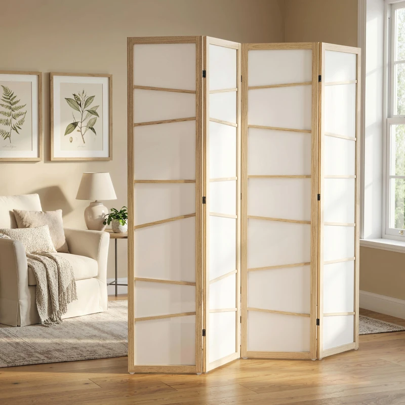 HOMCOM 66.9" Folding Room Divider, 4 Panel Wall Partition with Wood Frame for Bedroom, Home Office, Natural Wood