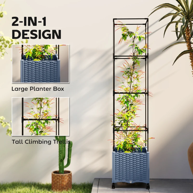 Outsunny Raised Garden Bed with Trellis, Tomato Cage with Lockable Wheels, Self Watering Planter Box with Drainage Holes, Gray
