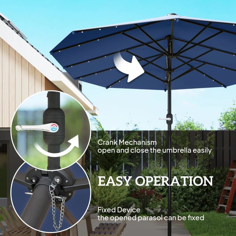 Outsunny Garden Parasol 14.4ft Double-Sided Sun Umbrella with Base, Patio Parasol with LED Solar Lights, Navy Blue