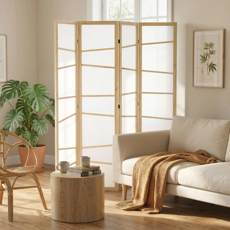 HOMCOM 66.9" Folding Room Divider, 4 Panel Wall Partition with Wood Frame for Bedroom, Home Office, Natural Wood