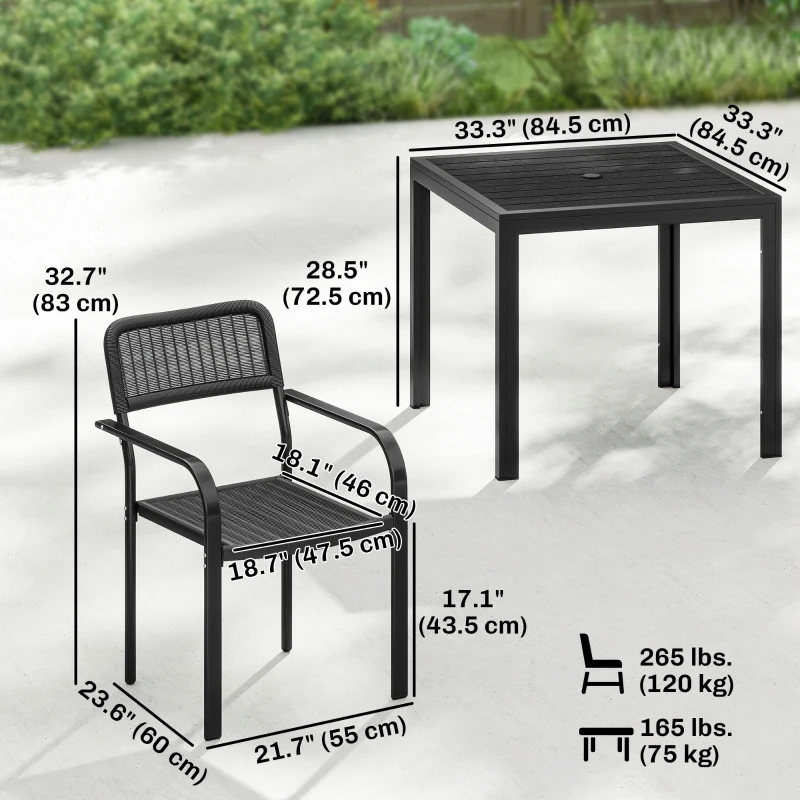 Outsunny Outdoor Dining Set for 4, Faux Wood Metal Patio Table and Stackable Chairs with Plastic Rattan Effect Seat, Black
