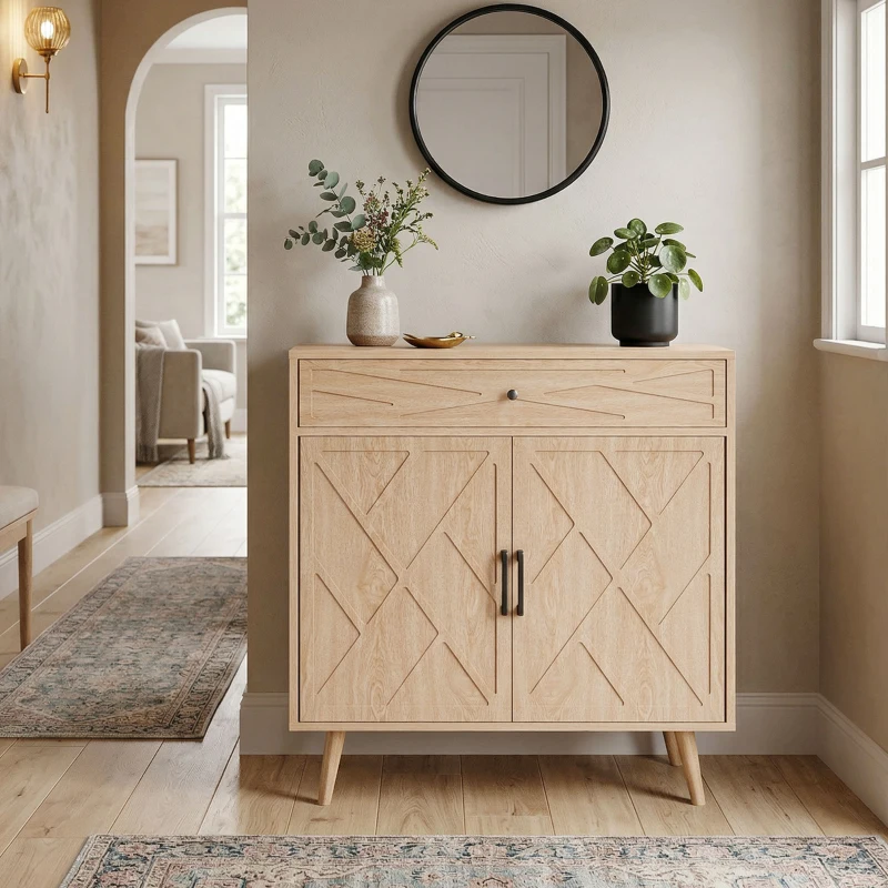 HOMCOM 30" Sideboard with Patterned Doors, Buffet Cabinet with Drawer and Cabinet for Dining Room, Oak