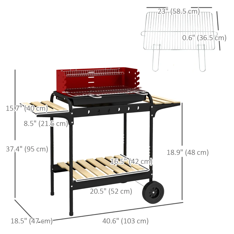 Outsunny Charcoal Barbecue Grill with Adjustable Grill Height, Portable BBQ Trolley with Ash Catcher and Wheels, Red