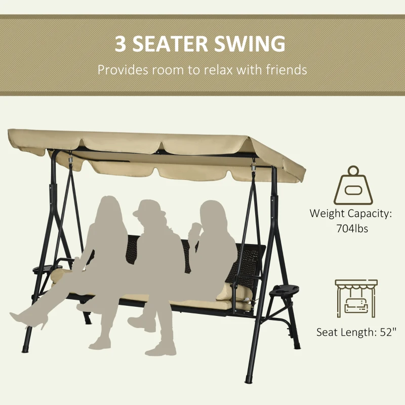 Outsunny 3-Seat Patio Swing Chair, Outdoor Canopy Swing Glider with Removable Cushion, Pillows, Adjustable Shade, and Rattan Seat, for Porch, Garden, Poolside, Backyard