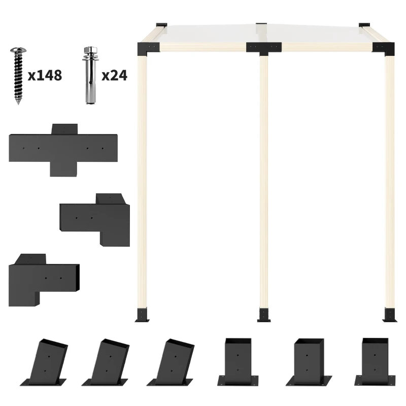 Outsunny Pergola Kit, 15° Slanted Pergola Brackets w/ 4-Way/3-Way Brackets, Post Bases, Wall Mounts for 3.6" X 3.6" Lumber, Black