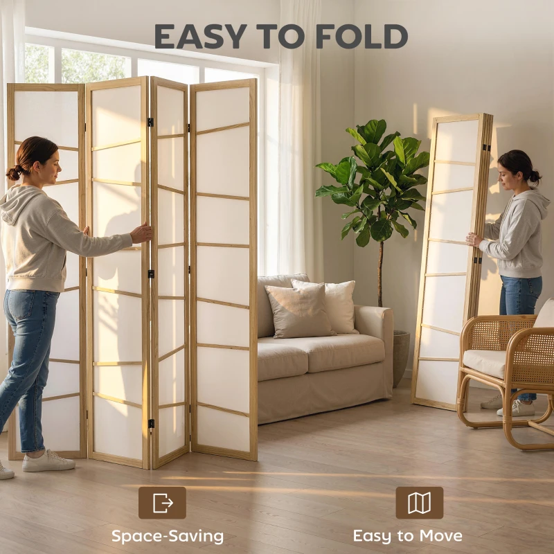 HOMCOM 66.9" Folding Room Divider, 4 Panel Wall Partition with Wood Frame for Bedroom, Home Office, Natural Wood