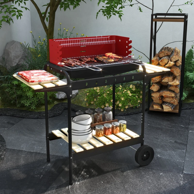 Outsunny Charcoal Barbecue Grill with Adjustable Grill Height, Portable BBQ Trolley with Ash Catcher and Wheels, Red