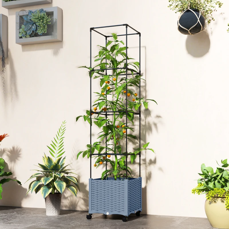 Outsunny Raised Garden Bed with Trellis, Tomato Cage with Lockable Wheels, Self Watering Planter Box with Drainage Holes, Gray