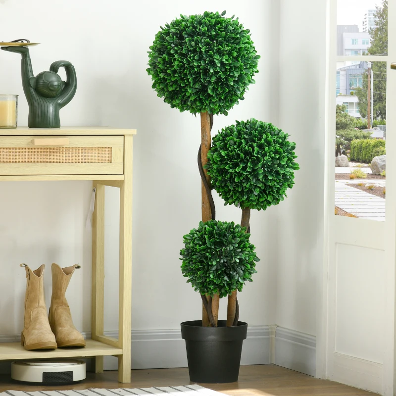 HOMCOM 3.5ft Artificial Tree, Triple Ball Boxwood Topiary with Pot and Sandalwood Leaves, for Indoor Outdoor Home
