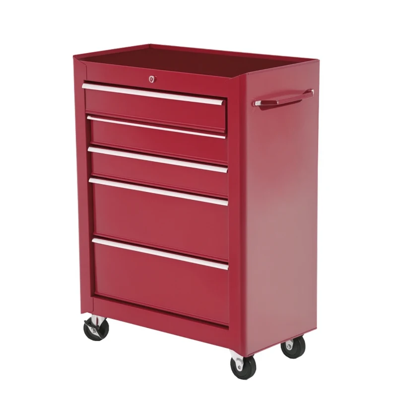 HOMCOM 5-Drawer Rolling Tool Cabinet on Wheels, Lockable Tool Chest, Tool Organizer for Garage, Factory and Workshop, Red
