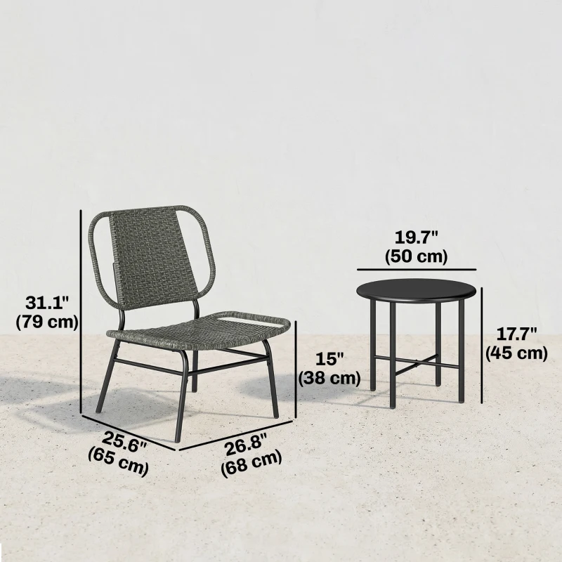 Outsunny 3 Piece Wicker Patio Furniture Set, Outdoor Bistro Set with Steel Table, Rattan Outdoor Conversation Furniture, Grey