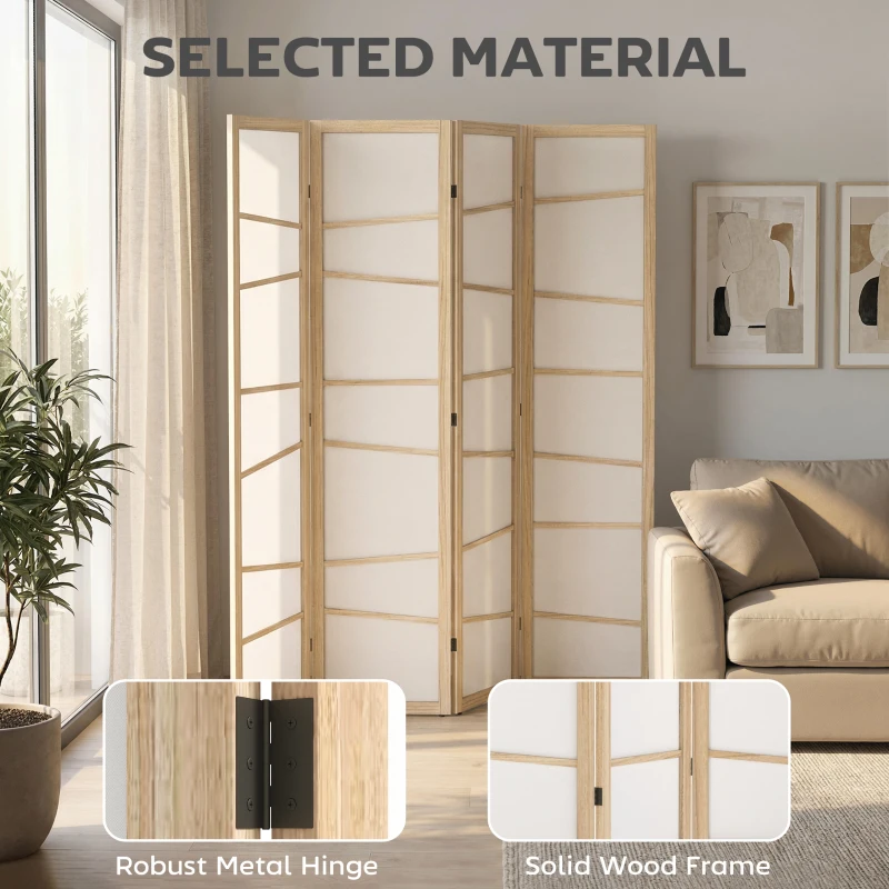 HOMCOM 66.9" Folding Room Divider, 4 Panel Wall Partition with Wood Frame for Bedroom, Home Office, Natural Wood