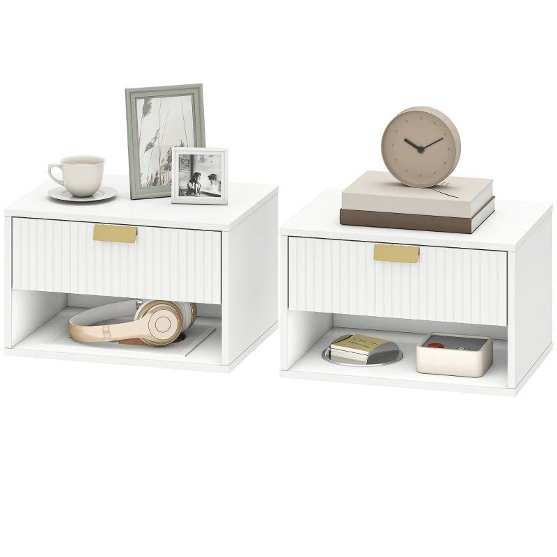 HOMCOM Set of 2 Wall Mounted Bedside Tables, Floating Nightstands with Fluted Drawer and Open Shelf for Bedroom, White