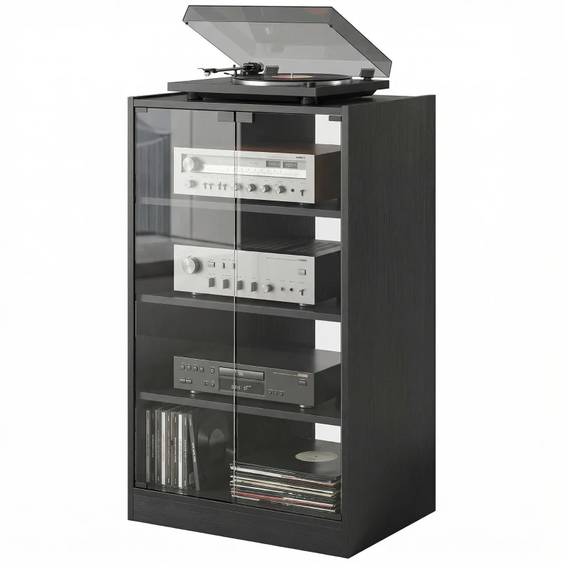 HOMCOM Media Cabinet, 4-Tier Stereo Cabinet for Vinyl Record Player, Gaming Console, AV Record Player Stand with Adjustable Shelves, Push-to-Open Glass Doors and Cable Management, Distressed Black