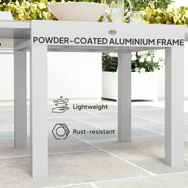 Outsunny Extendable Patio Dining Table, Aluminum Frame Outdoor Patio Table with Faux Wood Top for Garden Backyard, Natural Wood