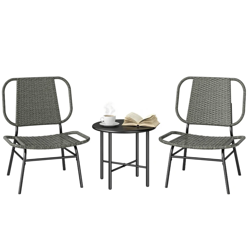 Outsunny 3 Piece Wicker Patio Furniture Set, Outdoor Bistro Set with Steel Table, Rattan Outdoor Conversation Furniture, Grey