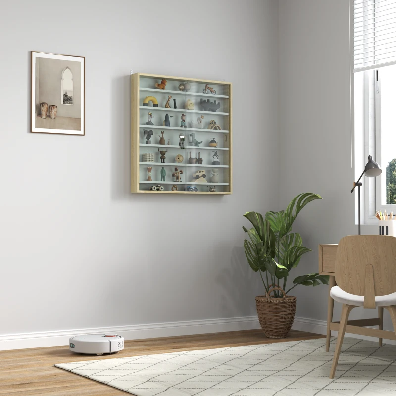 HOMCOM 7-Tier Display Cabinet, Shot Glass Display Case, Glass Curio Cabinet with 2 Glass Doors, Oak and White