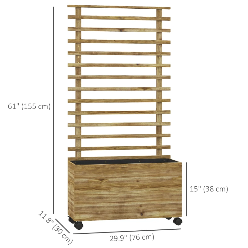 Outsunny Wooden Planter with Trellis, Raised Garden Bed with 4 Wheels for Climbing Plants, 30" x 12" x 61", Nature Wood
