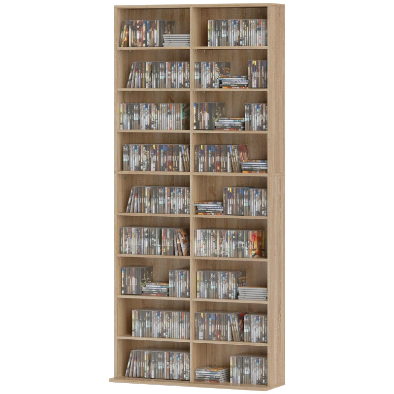 HOMCOM 9-Tier DVD Shelf with 18 Compartments and 14 Adjustable Shelves, Holds 640 CDs, 360 DVDs or 430 Blu-rays, Natural Wood