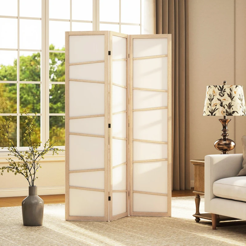 HOMCOM 66.9" Folding Room Divider, 3 Panel Wall Partition with Wood Frame for Bedroom, Home Office, Natural Wood