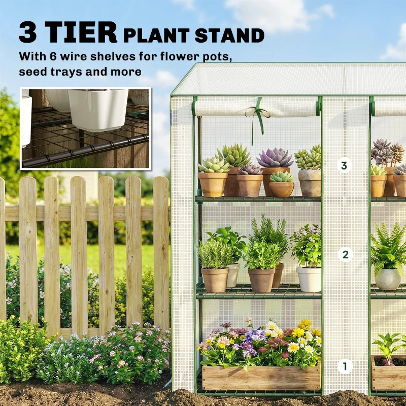 Outsunny Portable Mini Greenhouse Green House with 3 Tier Shelves, Reinforced PE Cover, Roll-up Doors, 56.3"x18.1"x59.4", White