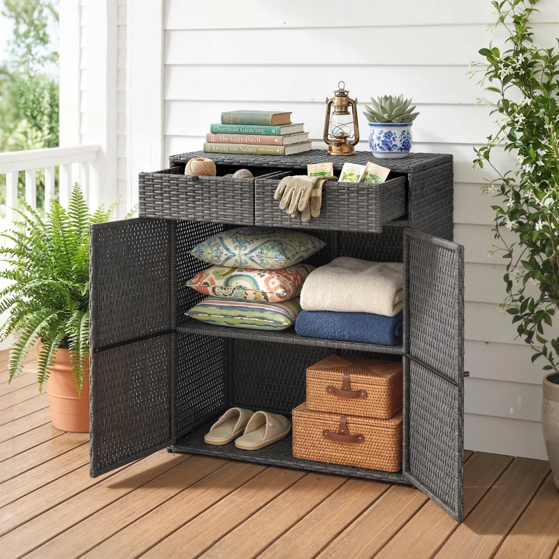 Outsunny Wicker Outdoor Storage Cabinet with 2 Doors and Drawers, 2-Tier Shelf Rattan Patio Storage Cabinet, Dark Grey