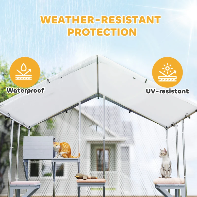 PawHut 79" Extra Large Metal Outdoor Catio with Waterproof Cover, Resting Box, 4 Platforms, for Multiple Rabbits, Chicken