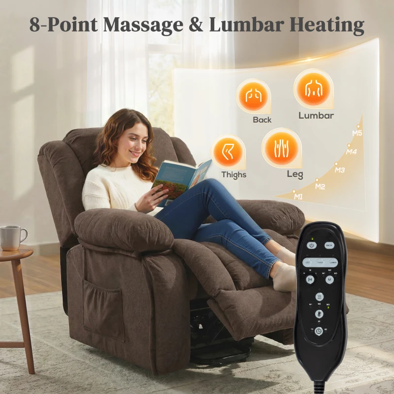 HOMCOM Overstuffed Power Lift Recliner Chair with Vibration Massage and Heat, Side Pockets, Pocket Spring, for Adults, Brown