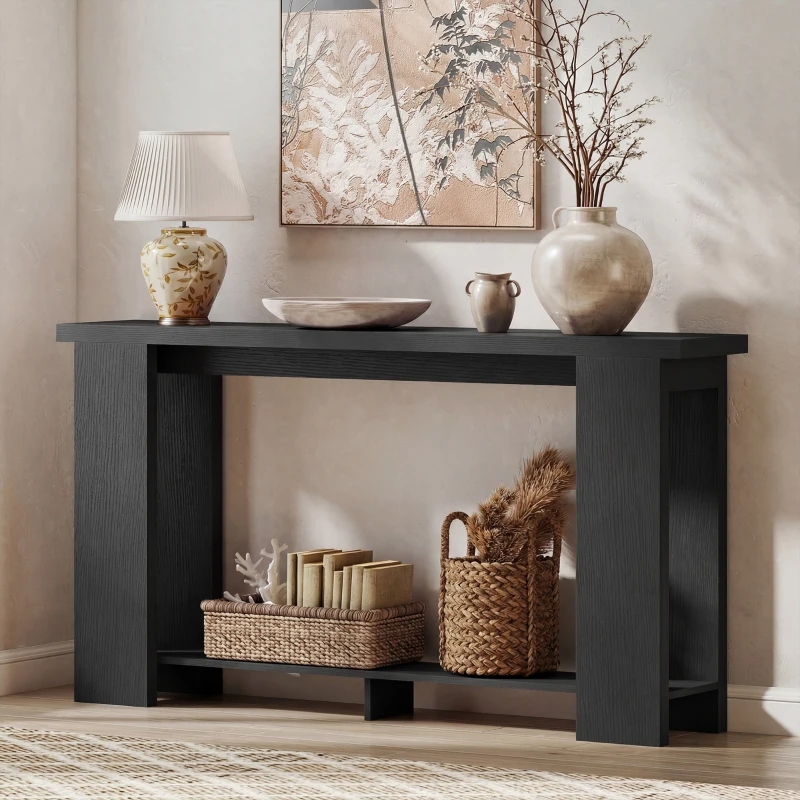 HOMCOM Farmhouse Console Table, 63" Narrow Entryway Table with Thickened Tabletop for Living Room, Hallway, Distressed Black