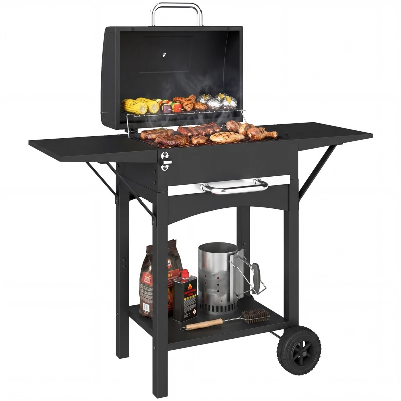 Outsunny Charcoal Grill with 2 Side Tables, Barbecue Grill with Thermometer and Warming Rack, Wheels, 43.3"x18.3"x39.8", Black