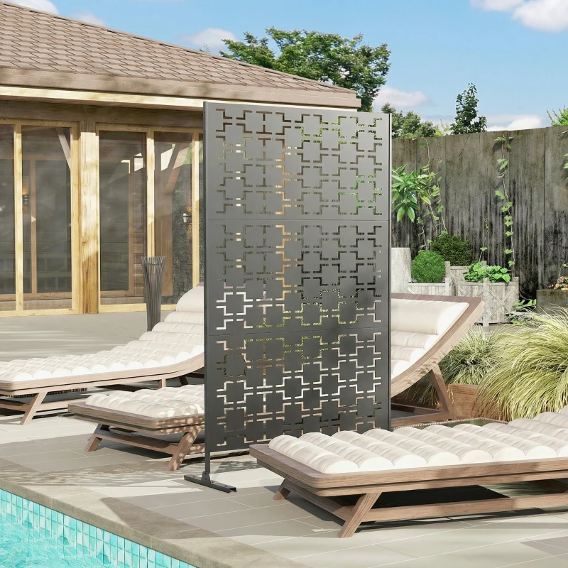 Outsunny 6.5FT Decorative Outdoor Divider, Metal Privacy Screen with Stand, Grid Style, Black