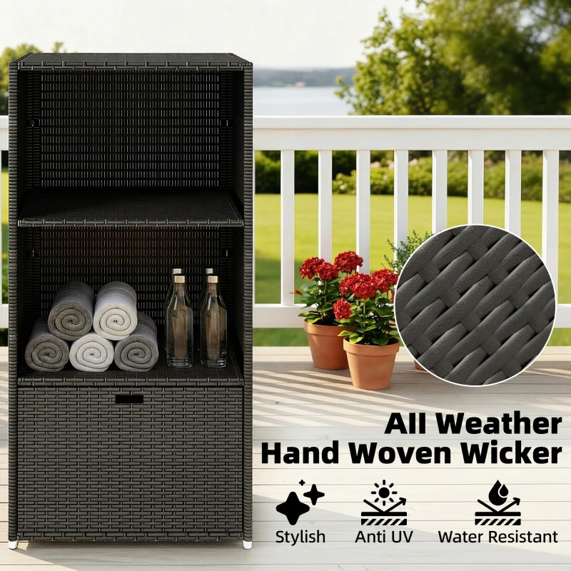 Outsunny Valet Pool Towel Rack, Water-Resistant PE Plastic Rattan Wicker Storage Organizer, 2 Shelves, 1 Basket Drawer