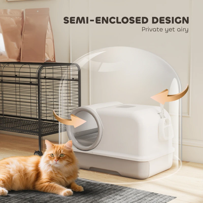 PawHut Cat Litter Box Easy Clean Drawer Odor Control Hooded Cat Litter Tray with Scoop White and Grey