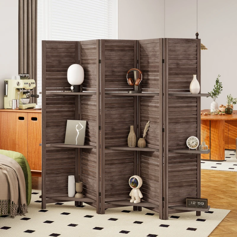 HOMCOM 5 Panel 67" Tall Wood Privacy Screen Room Divider with 3 Shelves and Folding Storage for Bedroom, Walnut