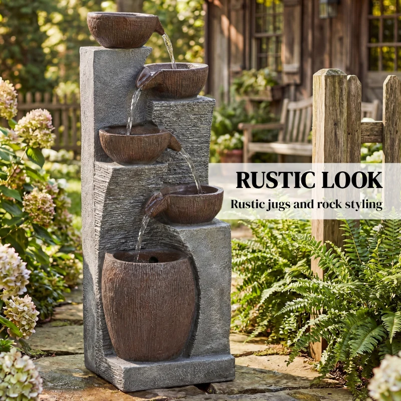 Outsunny Outdoor Cascading Rock Water Fountain, 5-Tier Waterfall Feature with LED Lights, Adjustable Flow, Grey and Rustic Brown
