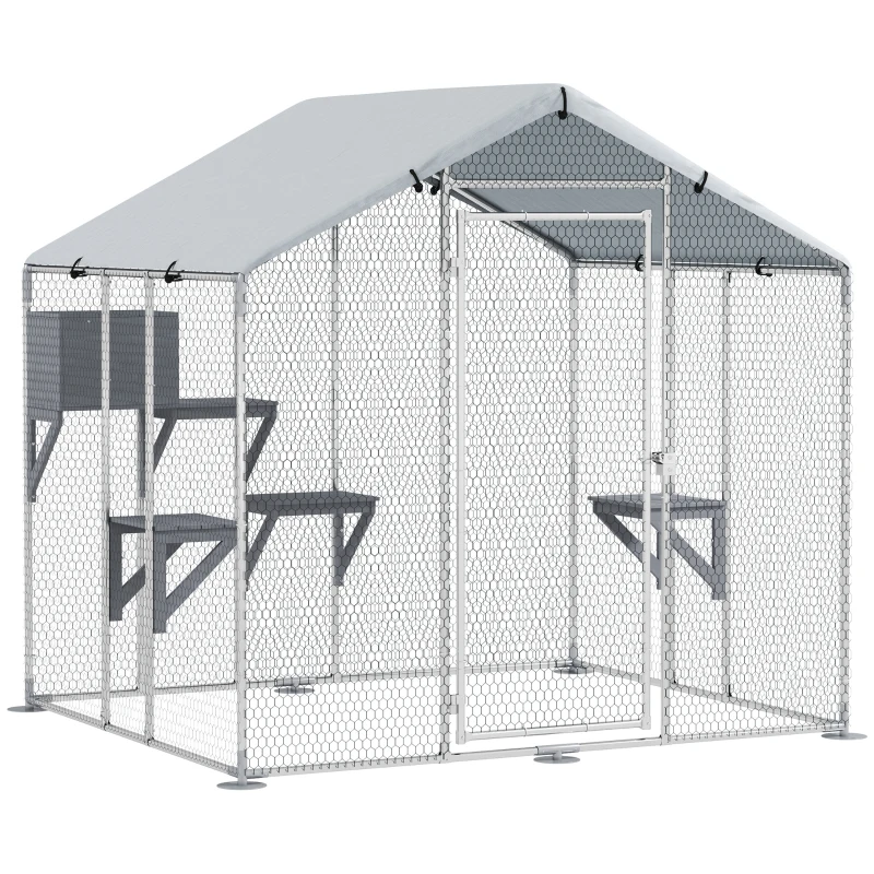 PawHut 79" Extra Large Metal Outdoor Catio with Waterproof Cover, Resting Box, 4 Platforms, for Multiple Rabbits, Chicken