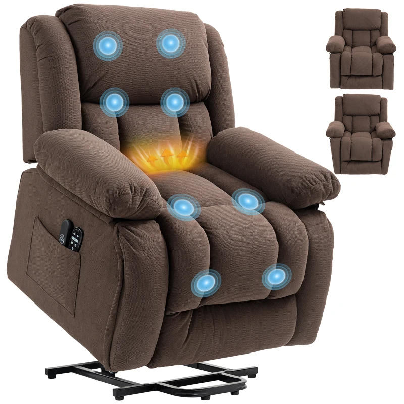 HOMCOM Overstuffed Power Lift Recliner Chair with Vibration Massage and Heat, Side Pockets, Pocket Spring, for Adults, Brown