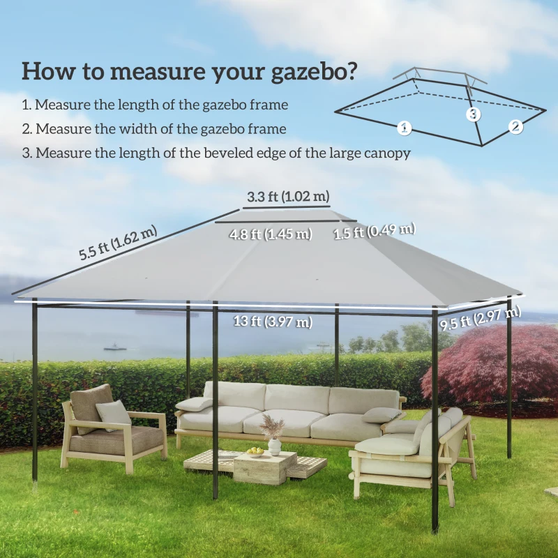 Outsunny 10' x 13' Gazebo Replacement Canopy Cover, Gazebo Roof Replacement (TOP COVER ONLY), Light Grey