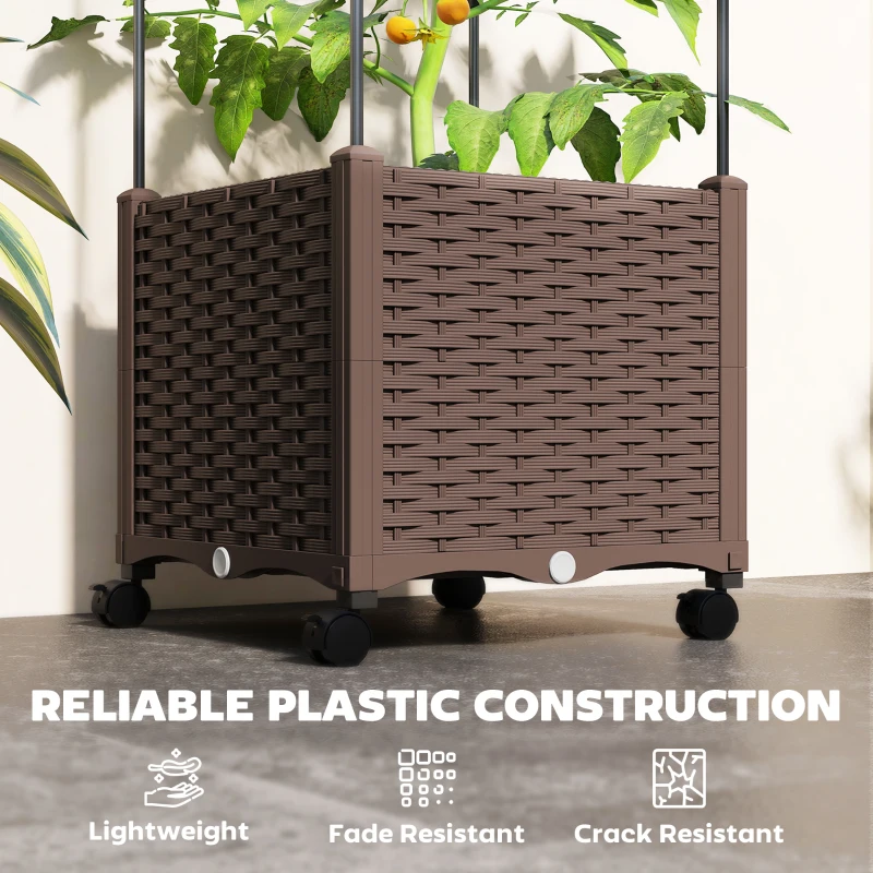 Outsunny Raised Garden Bed with Trellis, Tomato Cage with Lockable Wheels, Self Watering Planter Box with Drainage Holes, Brown