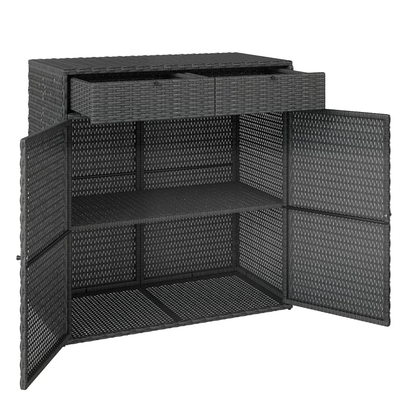 Outsunny Wicker Outdoor Storage Cabinet with 2 Doors and Drawers, 2-Tier Shelf Rattan Patio Storage Cabinet, Dark Grey