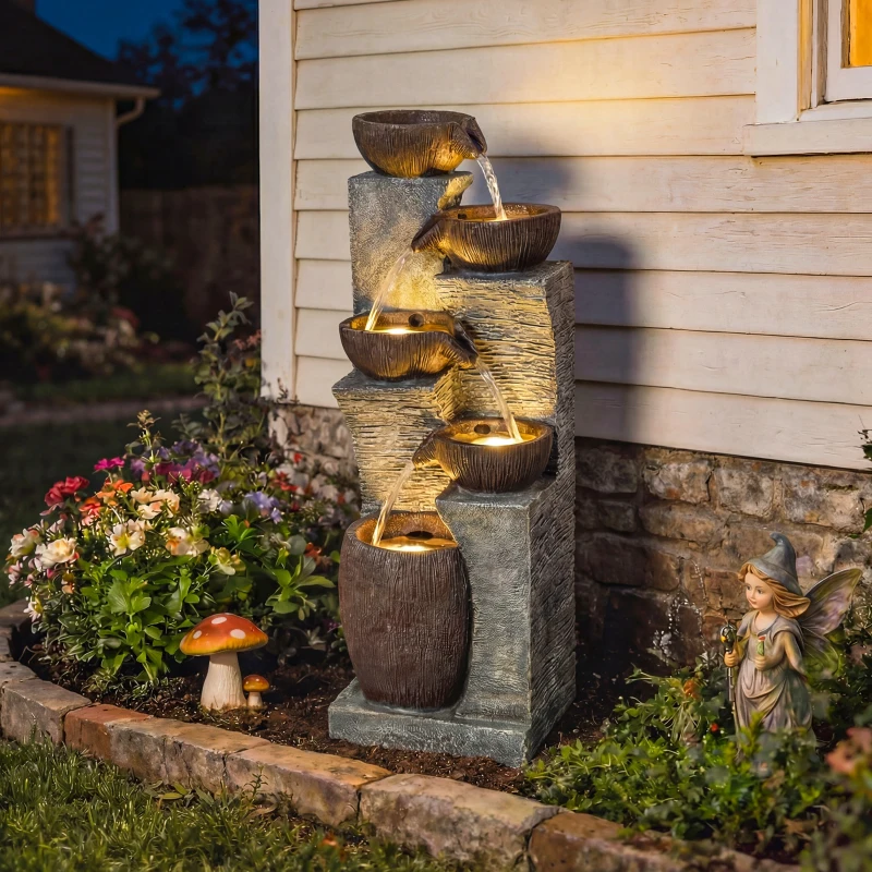 Outsunny Outdoor Cascading Rock Water Fountain, 5-Tier Waterfall Feature with LED Lights, Adjustable Flow, Grey and Rustic Brown