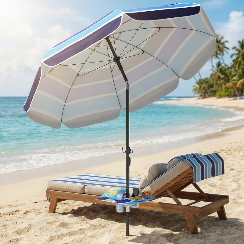 Outsunny Beach Umbrella Adjustable Tilt Sunshade with Foldable Table Cup Holder 78" Multicolor